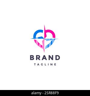 Design con logo a bussola per guida cardiaca semplice. Simbolo cuore con icona bussola nel disegno del logo centrale. Illustrazione Vettoriale