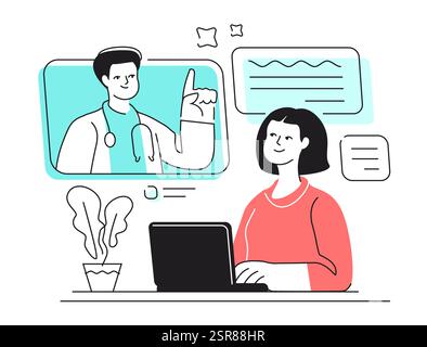Consultazione online con il medico tramite videochiamata utilizzando il computer portatile. La paziente donna ha una conversazione con l'operatrice medica, terapista Illustrazione Vettoriale