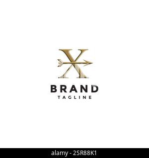 Freccia al centro della lettera iniziale X Logo Design. Simbolo di destinazione in lettera X e disegno logo icona freccia. Illustrazione Vettoriale