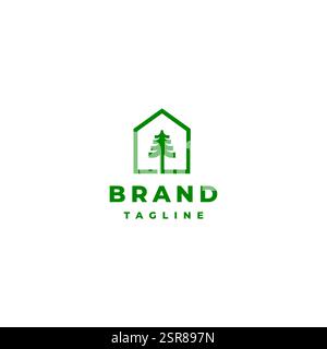 Design semplice del logo Pine Tree Home. Design con logo Simple Line Pine Tree Inside the House. Illustrazione Vettoriale