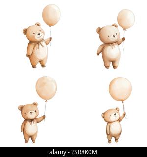 Illustrazione ad acquerello disegnata a mano di Bear with Balloon Watercolor Illustration for Kids, tracciata e vettorizzata. L'illustrazione è pe Illustrazione Vettoriale