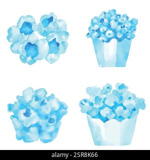 Immagine ad acquerello disegnata a mano di Popcorn Set Collection disegnata a mano, tracciata e vettorizzata dall'immagine. L'illustrazione è perfetta per qualsiasi des Illustrazione Vettoriale