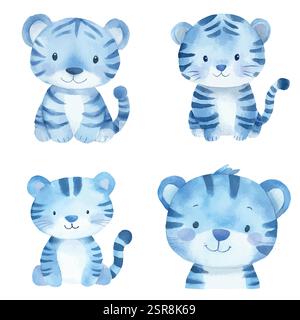 Immagine ad acquerello disegnata a mano di un set di acquerelli a strisce tigre disegnati a mano, tracciati e vettorizzati dall'immagine. L'illustrazione è perfetta per un Illustrazione Vettoriale