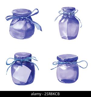 Un'illustrazione ad acquerello disegnata a mano di un set di vasetti di miele ad acquerello disegnati a mano, tracciati e vettorizzati dall'immagine. L'illustrazione è perfetta per qualsiasi d Illustrazione Vettoriale