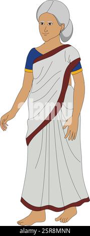 Illustrazione vettoriale dei personaggi dei cartoni animati della vecchia nonna. Vecchia signora indiana che indossa il sari isolato su sfondo bianco Illustrazione Vettoriale