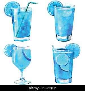 Un'illustrazione ad acquerello disegnata a mano di un set di bicchieri di limonata disegnati a mano, tracciati e vettorizzati. L'illustrazione è perfetta Illustrazione Vettoriale