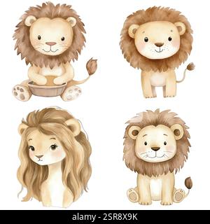 Un'illustrazione ad acquerello disegnata a mano di Lion Safari Animal Watercolor Illustration for Kids che è stata tracciata e vettorizzata. L'illustrazione è p Illustrazione Vettoriale