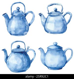 Immagine ad acquerello disegnata a mano di un set disegnato a mano Teapot che è stato tracciato e vettorizzato dall'immagine. L'illustrazione è perfetta per qualsiasi progetto di progettazione Illustrazione Vettoriale