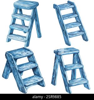 Un'illustrazione ad acquerello disegnata a mano di una scala in legno disegnata a mano che è stata tracciata e vettorizzata. L'illustrazione è perfetta per qualsiasi design p Illustrazione Vettoriale