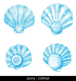 Immagine ad acquerello disegnata a mano di un set disegnato a mano Seashell che è stato tracciato e vettorizzato dall'immagine. L'illustrazione è perfetta per qualsiasi progetto di progettazione Illustrazione Vettoriale