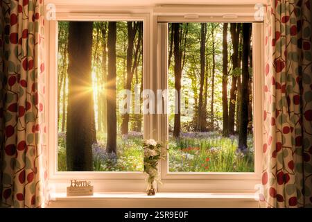 Si affaccia attraverso una finestra chiusa sul bellissimo paesaggio della foresta di fiori. Vivere in un ambiente rurale Foto Stock