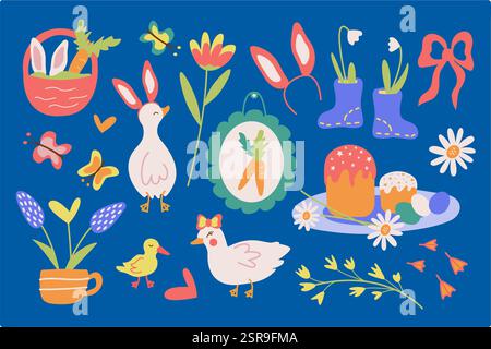 Una collezione di simpatici elementi di design pasquali oche, anatre, orecchie di coniglio, torte pasquali, uova pasquali, fiori, farfalle, carote. Illustrazione vettoriale degli elementi delle vacanze primaverili. Illustrazione Vettoriale