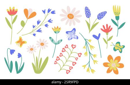 Collezione vettoriale di fiori primaverili e farfalle. Una serie di composizioni floreali festive, un clipart. Illustrazione disegnata a mano di fiori per decorazione, festa della mamma, compleanno, Pasqua, cartoline. Illustrazione Vettoriale