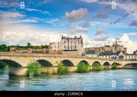 Villaggio di Amboise, castello medievale e ponte sul fiume Loira. Regione Val de Loire, Francia, Europa Foto Stock