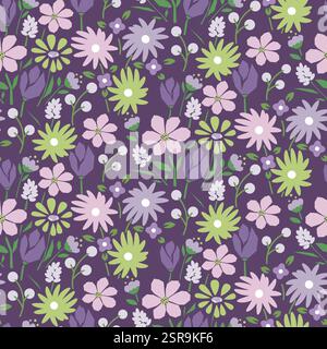 Splendido motivo floreale primaverile senza cuciture con fiori estivi viola e verde brillante. Ditsy Botanical Repeat background. Illustrazione Vettoriale