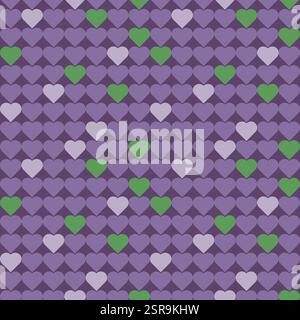 I cuori piccoli hanno una griglia senza cuciture. Graziosa piccola illustrazione vettoriale dei cuori ripetuti. Colori primavera viola e verde Mardi Gras. Stampa geometria per Illustrazione Vettoriale