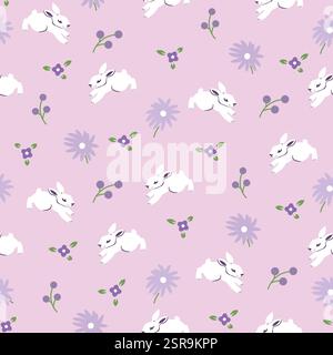 Coniglietto pasquale con motivo rosa pastello senza cuciture. Coniglio con sfondo floreale, illustrazione floreale primavera coniglietto pasquale, motivo in tessuto per la primavera, l'estate Illustrazione Vettoriale
