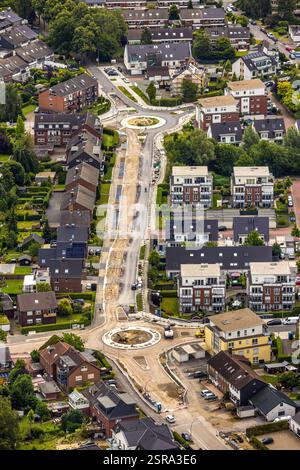 Vista aerea, grande cantiere Hackfurthstraße e due nuovi circoli stradali, sopra Dorfheide e sotto Kirchhellener Ring, zona residenziale, Kirc Foto Stock