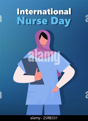 Giornata internazionale degli infermieri. Giovane donna musulmana infermiera in hijab e uniforme medica in possesso di un appunti per i pazienti storie in mano. Illustrazione vettoriale Foto Stock