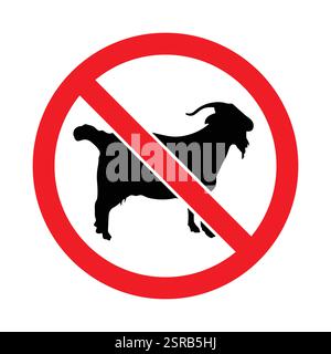 Icona rossa divieto non vegetariano con simbolo divieto di mangiare capra. etichetta di carne di capra vietata per alimenti vegani vegetariani. Illustrazione Vettoriale