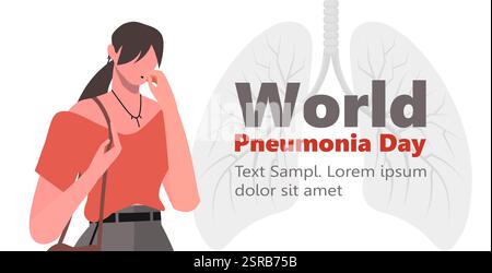 Giornata mondiale della polmonite. Giovane donna in abiti casual che si sente male, dolore toracico e tosse come sintomo di raffreddore, bronchite o polmonite. Immagine vettoriale Foto Stock