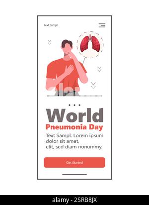 Giornata mondiale della polmonite. Un paziente si sente male e tossisce. Questi sintomi potrebbero significare raffreddore, bronchite o polmonite. Web design e modello mobile. Ve Foto Stock