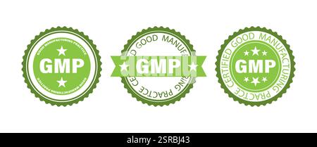 Tre sigilli verdi con testo bianco e stelle, ciascuno dei quali riporta l'abbreviazione GMP per Good Manufacturing Practice. La guarnizione centrale è accompagnata da una Illustrazione Vettoriale
