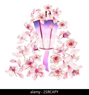 Lanterna con fiori sakura su sfondo bianco. Fiori di ciliegio in fiore in primavera per il festival Hanami. Delicate sfumature di rosa, lilla, viola Foto Stock