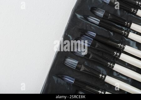 Pennelli, coltelli di palette in una custodia a matita su uno sfondo bianco di tela. vista dall'alto con spazio libero Foto Stock