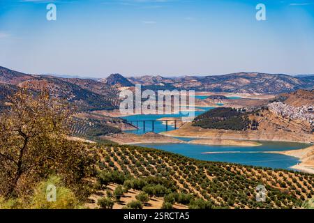 Ponte Agroman che collega Iznájar e gli oliveti circostanti sulle acque del Blue Reservoir nel paesaggio panoramico andaluso Foto Stock