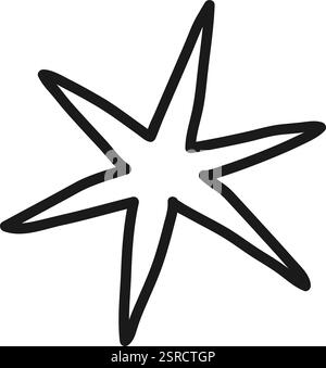 La stella a sei punte disegnata a mano si distingue per le sue spesse linee nere su uno sfondo bianco pulito, che irradia un senso di meraviglia infantile e una bellezza semplicistica Illustrazione Vettoriale
