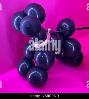 Un'elegante scultura nera per il cane da palloncino su uno sfondo rosa caldo. Il colletto metallico e i riflessi lucidi aggiungono un tocco moderno e artistico. Foto Stock