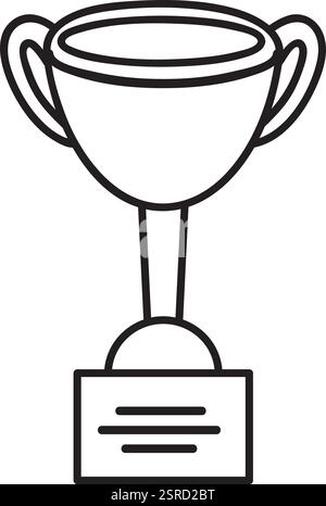 Semplice illustrazione in line art di una coppa dei trofei con manici, in piedi su una base con un'etichetta vuota per testo personalizzabile che rappresenta la vittoria, il successo e il riconoscimento Illustrazione Vettoriale