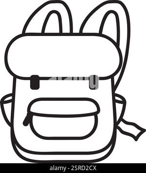 Semplice disegno in linea di uno zaino con tasca anteriore, fibbie laterali e cinghie regolabili, perfetto per rappresentare i temi di viaggio, escursioni o ritorno a scuola Illustrazione Vettoriale