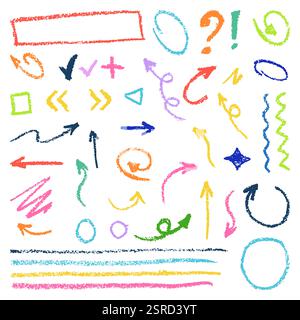 Set di matita astratta per matita, frecce di gesso, linee, tratti, cornici. Forme multicolore tracciate a mano vettoriali isolate su sfondo bianco. Illustrazione Vettoriale