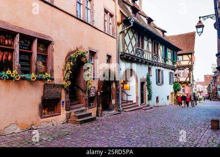Strada con case colorate e in legno. Riquewihr, Sainte-Marie-aux-Mines, Colmar-Ribeauvillé, Haut-Rhin, Grand Est, Francia, Europa Foto Stock