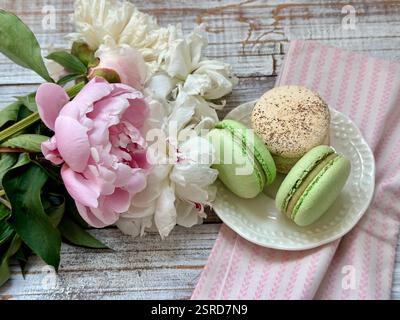 Macaron in diversi colori e gusti sul piatto bianco sul telo rosa e peonie fresche rosa e bianco sullo sfondo di legno Foto Stock