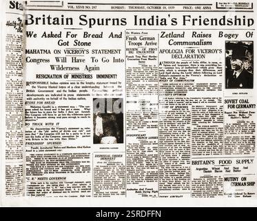 Prima pagina del giornale Bombay Chronicle su Mahatma Gandhi, India, Asia, 19 ottobre 1939, Asia Foto Stock