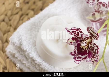Elementi di Spa con asciugamani bianchi, sapone naturale e orchidee Foto Stock