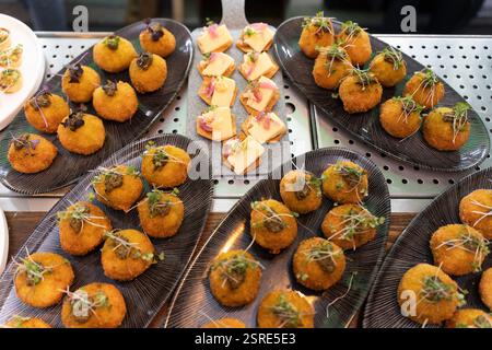 Vari antipasti, tra cui formaggio e arancini, sono serviti su piatti. Gli ospiti apprezzano il cibo. Foto Stock