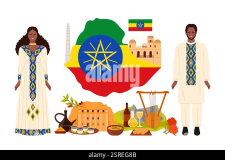 Viaggia verso l'Etiopia, collage infografico con la grande bandiera etiope e la mappa. Montagne ed elementi di cultura, luoghi di interesse e cibo, uomo e donna in costumi tradizionali illustrazione vettoriale dei cartoni animati Illustrazione Vettoriale