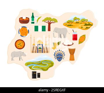 Viaggia verso la Nigeria, adesivi di cibo e cultura, la Moschea Nazionale di Abuja e la natura sulla mappa infografica del paese. Famose attrazioni turistiche ed elementi di vacanza, baobab e illustrazione vettoriale di animali Illustrazione Vettoriale