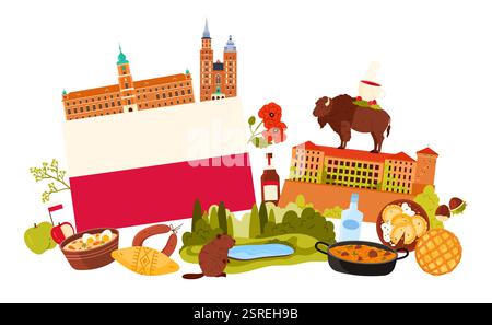 Viaggia verso la Polonia, gli elementi culturali e il famoso cibo polacco, i monumenti storici, l'antico castello gotico e la cattedrale in collage infografico. Illustrazione vettoriale di stufati e pierogi, paesaggio lacustre e animali Illustrazione Vettoriale