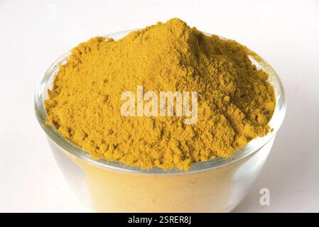 Spezie, curcuma in polvere nel recipiente su sfondo bianco Foto Stock