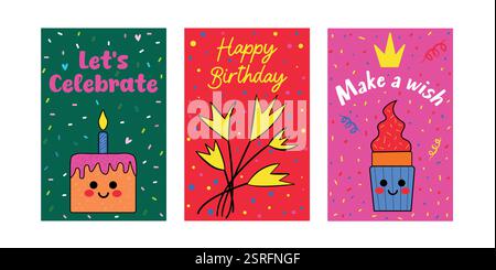 Set di tre vivaci carte di compleanno con allegre illustrazioni e messaggi festivi Illustrazione Vettoriale