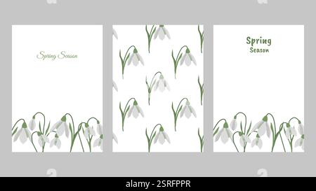 Poster o set di schede con modello Hello Spring. Una brillante cartolina decorata con nevicate fiorite e motivi di luce. Illustrazione vettoriale per il design della copertina materiale di marketing prodotti naturali e biologici. Illustrazione Vettoriale