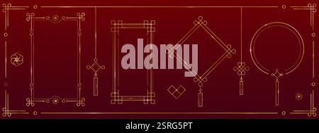 Cornici decorative cinesi dorate con elementi ornamentali tradizionali e nappine su sfondo rosso. Bordi geometrici orientali con quadrati, cerchi, Illustrazione Vettoriale