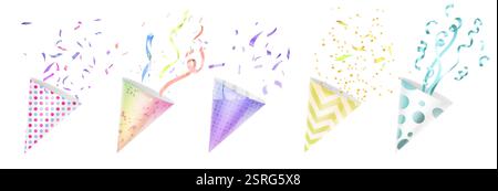 Set di papaveri per coriandoli da festa - contenitori di carta con nastri, rastrellieri e puntini. Dispositivi celebrativi che rilasciano elemen decorativi colorati Illustrazione Vettoriale