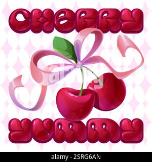 Design con testo color ciliegia con frutti di bosco rossi maturi e fiocco a nastro rosa. Lettere lucide a bolle con composizione di frutta fresca su sfondo con motivo a rombo. Illustrazione Vettoriale