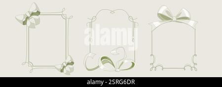 Cornici Coquette con eleganti fiocchi verdi a nastro. Delicato bordo rettangolare, arco ornamentale, profilo curvo decorato con nodi a farfalla. Design romantico Illustrazione Vettoriale